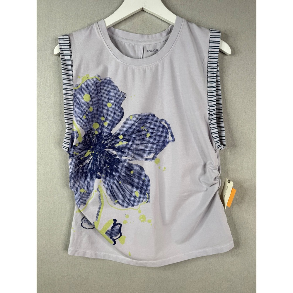 Anthropologie Lavender Muscle Tee with Navy Floral and Neon Yellow Accents